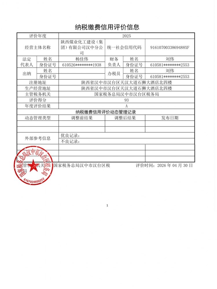 陜煤建設(shè)漢中分公司榮獲2025年度納稅信用等級(jí)“A”級(jí)稱號(hào)